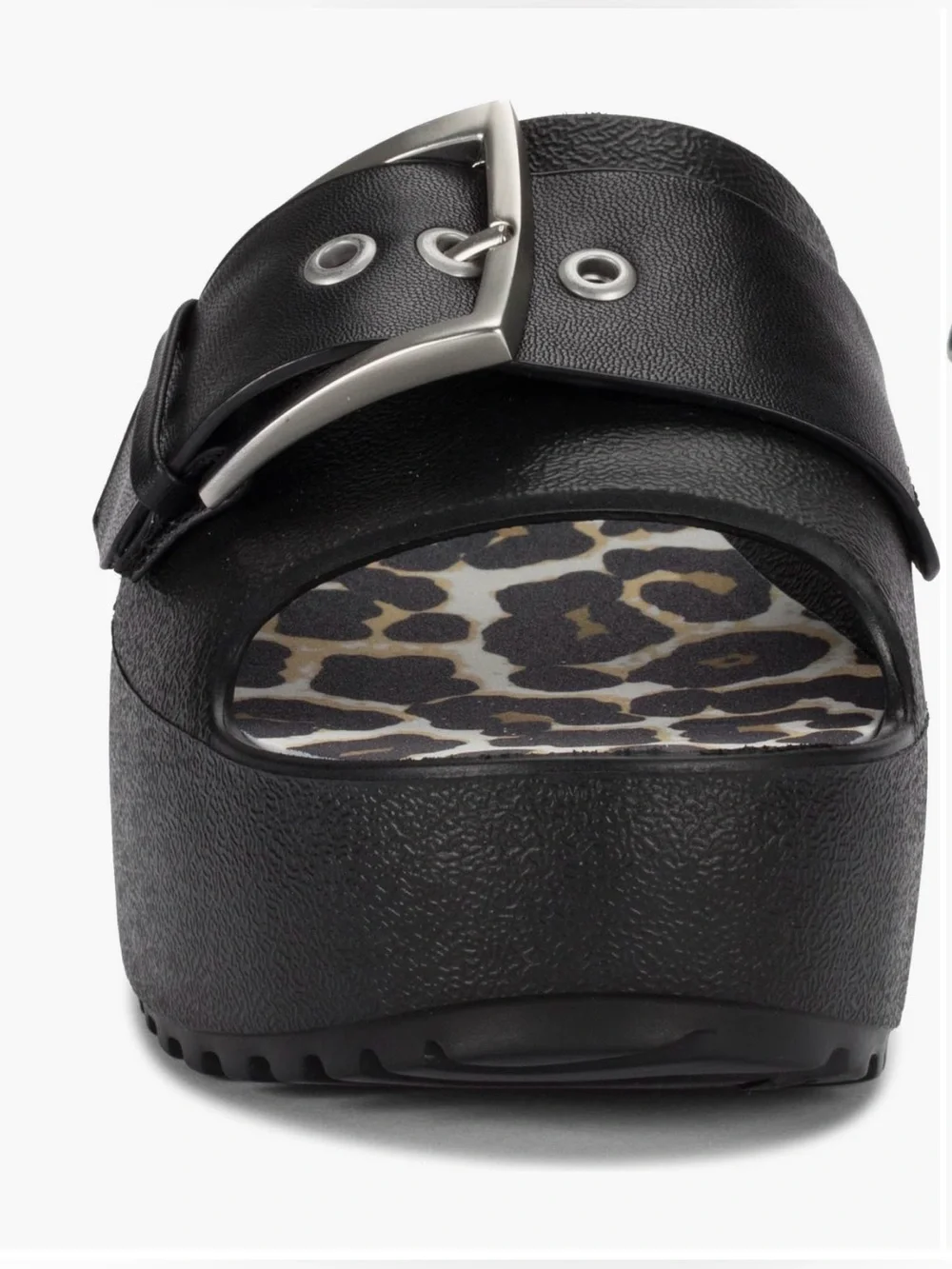 Baretraps Pacey Black Platform Slide Sandals Leopard Buckle Women’s NWOT